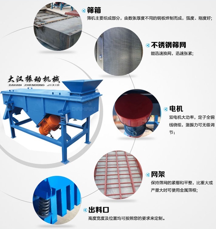 525型直線振動篩結(jié)構(gòu)細節(jié)：篩箱：篩機主要組成部分，由數(shù)張厚度不同的鋼板焊制而成，強度，剛度好。不銹鋼篩網(wǎng)：能速換網(wǎng)，迅速張緊。電機：雙電機大功率，定子全銅線繞組，激振力可無級調(diào)節(jié)。網(wǎng)架：保持篩網(wǎng)的緊繃和平整，比重大或產(chǎn)量大時可使用金屬篩框。出料口：高度寬度及位置均可按照您的要求定制。