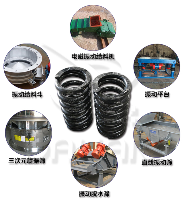 旋振篩減震彈簧適用產(chǎn)品：振動(dòng)給料機(jī)，電磁振動(dòng)給料機(jī)，振動(dòng)平臺(tái)，直線振動(dòng)篩，振動(dòng)脫水篩，三次元旋振篩。