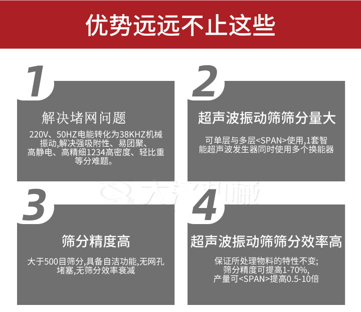超聲波振動(dòng)篩優(yōu)勢(shì)：1，高效解決堵網(wǎng)問(wèn)題220V，50HZ電能轉(zhuǎn)化為38KHZ機(jī)械振動(dòng)，解決強(qiáng)吸附性，易團(tuán)聚，高靜電，高精細(xì)1234高密度，輕比重等難題。2，超聲振動(dòng)篩篩分量大：可單層與多層使用1套只能超聲波發(fā)生器同時(shí)使用多個(gè)換能器。3，適合大于500目篩分，具備自潔功能，無(wú)網(wǎng)孔堵塞，無(wú)篩分效率衰減。4，超聲波振動(dòng)篩篩分效率高：保證所處理物料的特性不變，篩分精度可提高1-70%。