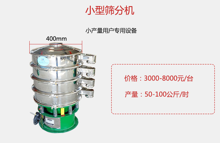 小型篩分機(jī)產(chǎn)量可達(dá)100公斤/時(shí)，價(jià)格3000元起。