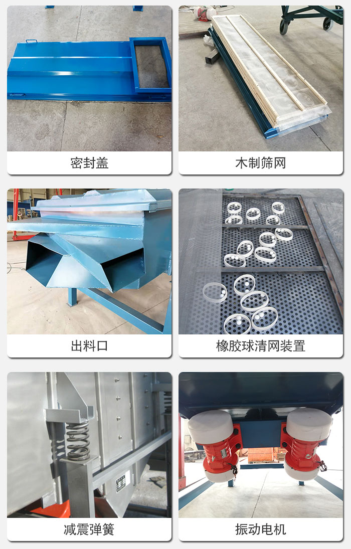 直線篩結(jié)構(gòu)展示：篩網(wǎng)，篩箱，振動(dòng)電機(jī)，振動(dòng)電機(jī)座，減震彈簧，支架等部件展示圖