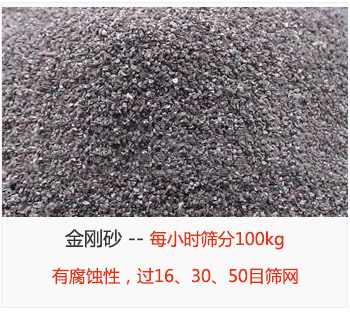 篩分金剛砂每小時100kg，有腐蝕性，過16、30、50目篩網(wǎng)
