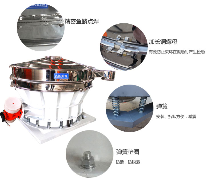 1500直排篩細(xì)節(jié)展示：彈簧，彈簧墊圈，加長銅螺母。