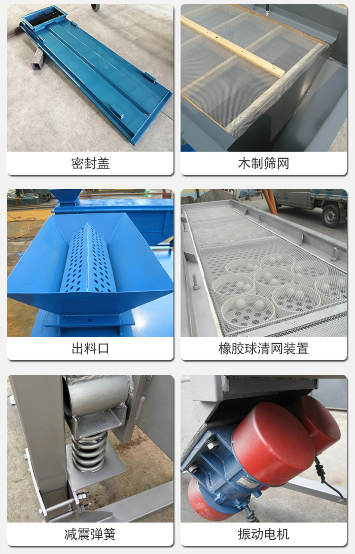 直線篩分機(jī)的結(jié)構(gòu)展示圖：篩箱是物料主要篩分設(shè)備之一，篩網(wǎng)用于篩分物料，振動電機(jī)幫助篩網(wǎng)篩分。