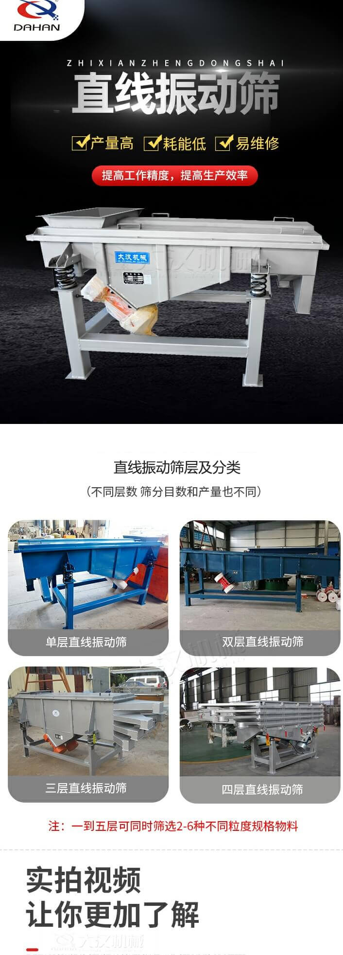 直線振動篩概述，產(chǎn)量高，耗能低，易維修，提高工作精度，提高生產(chǎn)效率，直線振動篩層級分類：不同層數(shù)，篩分目數(shù)和產(chǎn)量也不同：單層，雙層，三層，四層等。