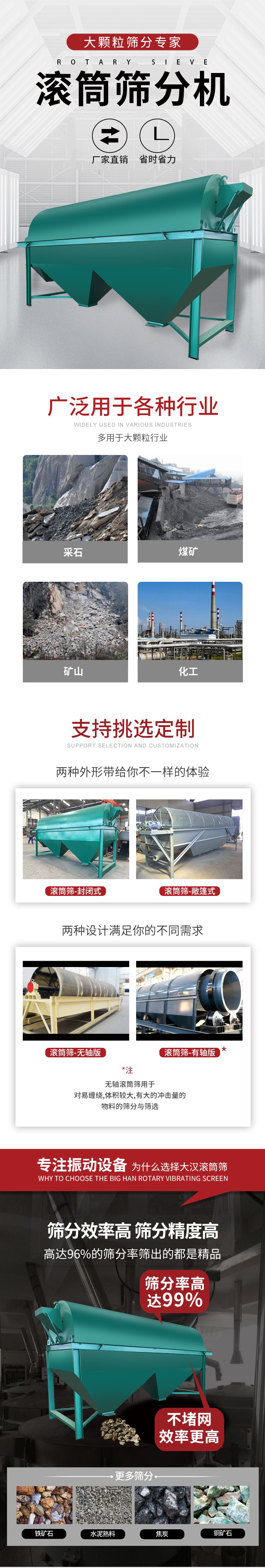 滾筒篩分機(jī)大顆粒篩分專家：廠家直銷，省時(shí)省力。滾筒篩被廣泛應(yīng)用各種行業(yè)：多用于大顆粒行業(yè)例如：采石，煤礦，礦山，化工等。滾筒篩定制類型有哪些：封閉式與敞篷式產(chǎn)品結(jié)構(gòu)分為：無軸式，有軸式兩種，無軸滾筒篩用于對纏繞，體積較大，有大的沖擊量的物料的篩分與篩選。滾筒篩篩分效率高篩分精度能夠達(dá)到：96%也比較適用于鐵礦石，水泥熟料，焦炭，銅礦石。滾筒篩特點(diǎn)：不飛粉末：密封隔離罩，密封性好，工作過程不會出現(xiàn)飛粉現(xiàn)象。外型尺寸是按筒體長計(jì)