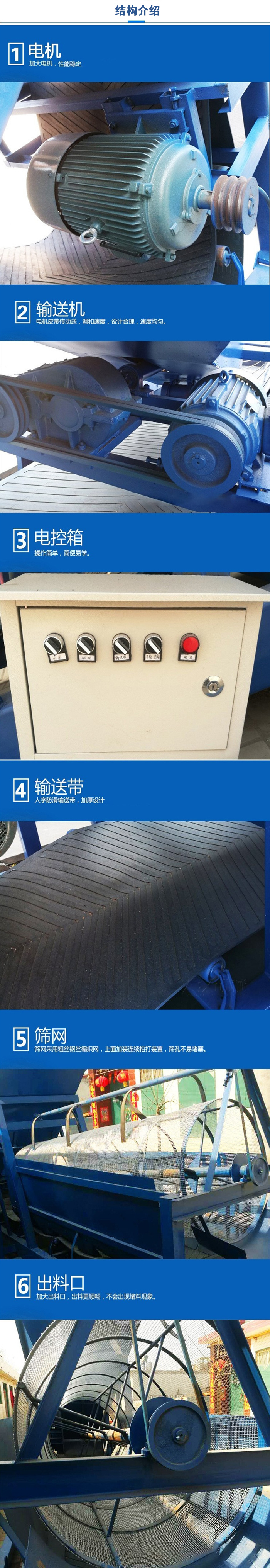 移動篩沙機(jī)結(jié)構(gòu):電機(jī)，加大電機(jī)，性能相對比較穩(wěn)定。輸送機(jī)：電機(jī)皮帶傳動送，調(diào)和速度，設(shè)計(jì)合理，速度均勻。電控箱：操作簡單，簡便易學(xué)。輸送帶：人字防滑輸送帶，加厚設(shè)計(jì)。篩網(wǎng)，采用粗絲鋼絲編織而成的篩網(wǎng)，上面加裝連續(xù)拍打裝置，篩孔不易堵塞。出料口：加大出料口，出料更順暢，不會出現(xiàn)堵料現(xiàn)象。