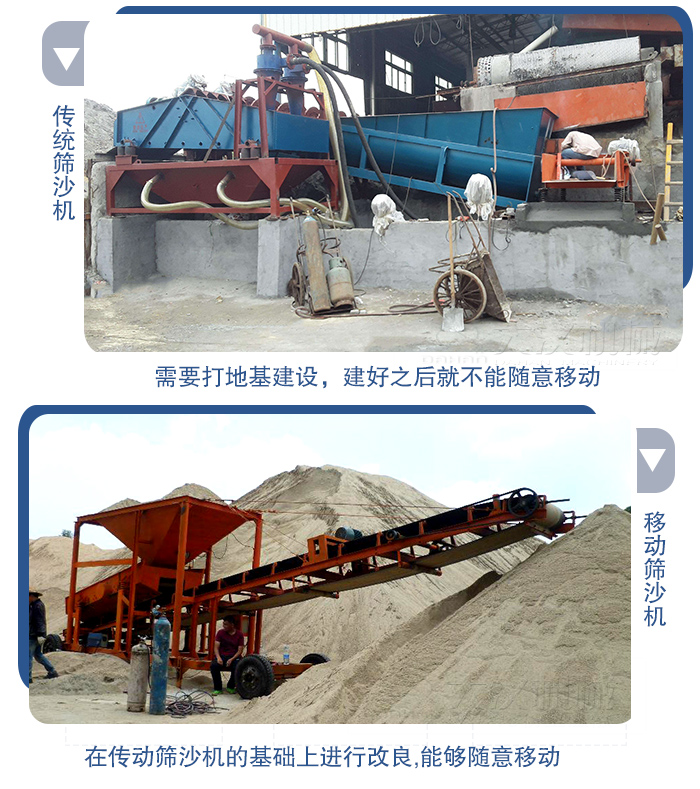 移動的篩沙機(jī)在安裝前需要打地基，而固定完畢后就不能隨意的移動，而移動篩沙機(jī)不需要打地并且隨時(shí)能夠進(jìn)行移動。