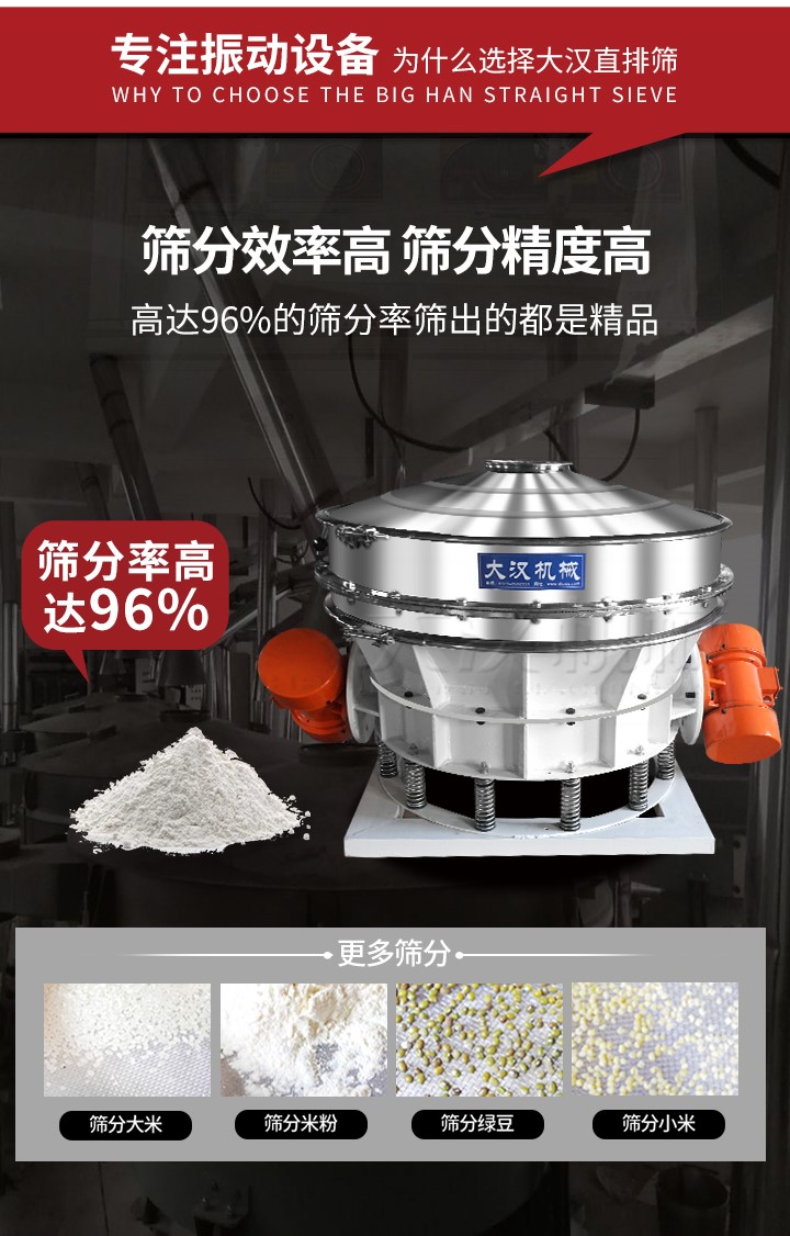 直排篩適用物料有面粉，淀粉，洗衣粉，金屬粉，添加劑，化工，非礦等行業(yè)。