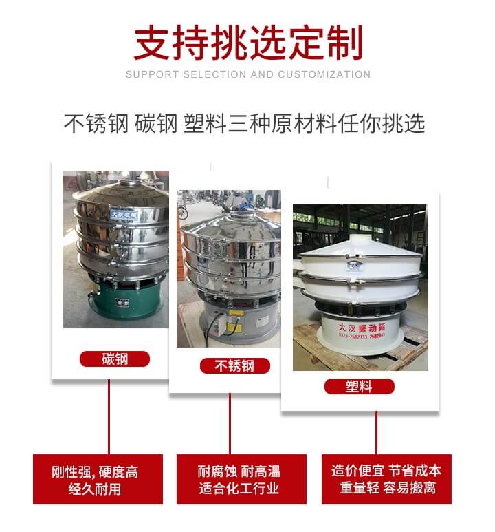 旋振篩可配置一到四層的篩網(wǎng)。旋振篩的篩分效率高，篩分精度高，篩分率高達(dá)96%。