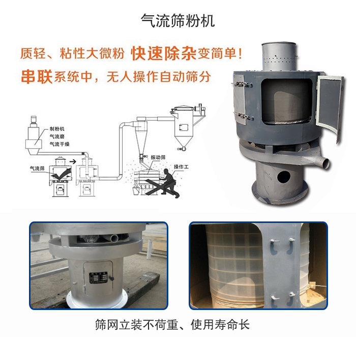 氣流篩粉機(jī)適用：質(zhì)輕，粘性大微粉采用串聯(lián)系統(tǒng)重，無(wú)人操作自動(dòng)篩分 特點(diǎn)：篩網(wǎng)立裝不負(fù)重，使用壽命長(zhǎng)。