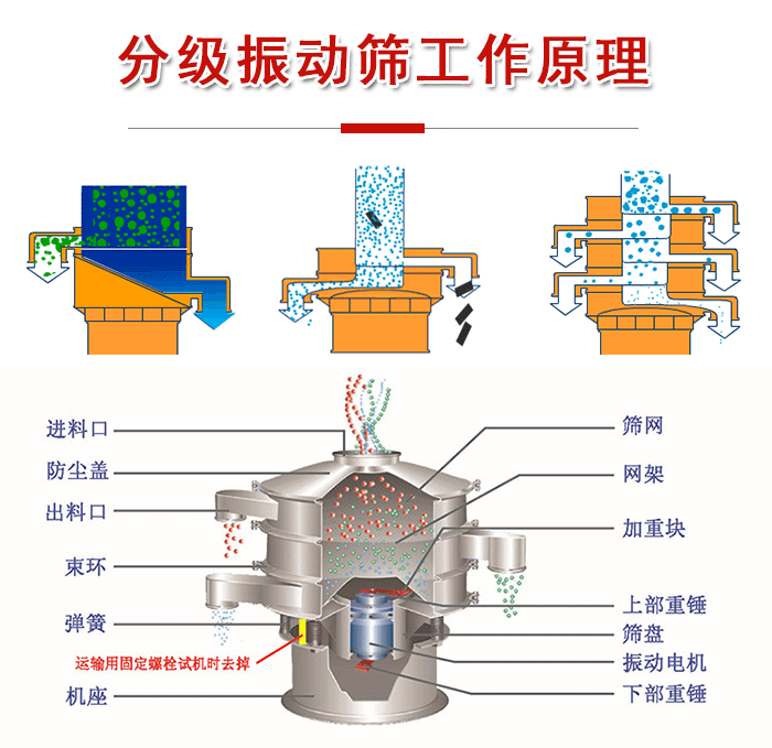 分級振動篩內(nèi)部結(jié)構(gòu)：進料口，防塵蓋，出料口，束環(huán)，彈簧，機座，篩網(wǎng)，網(wǎng)架，上部重錘，振動電機，下部重錘。