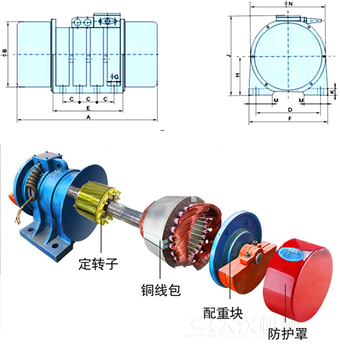 YZS振動電機內(nèi)部主要部件：定轉(zhuǎn)子，銅線包，配重塊，防護(hù)罩。