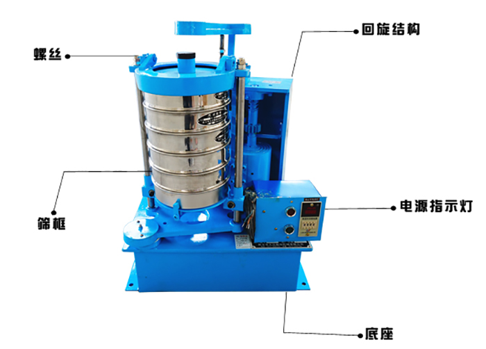 拍擊式標準振篩機的作用原理：主要振動部件；回旋結(jié)構(gòu)，篩框底座，電源指示燈。