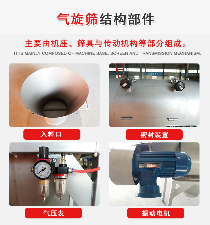 氣旋篩結(jié)構(gòu)：入料口，密封裝置，電機，氣壓表等