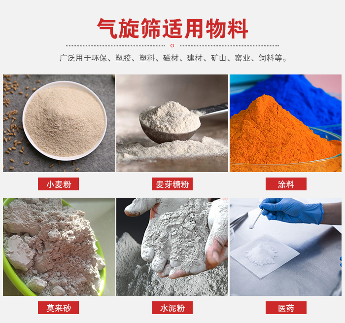 氣旋篩適用物料：小麥粉，麥芽糖粉，涂料，等粉狀物料。