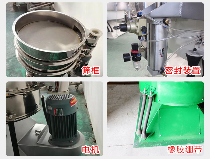 搖擺篩結(jié)構(gòu)：電機(jī)，橡膠繃帶，篩框，密封裝置等。