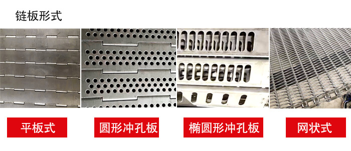 鏈板輸送機鏈板的不同形式：平板式，圓形沖孔板，網(wǎng)狀式等