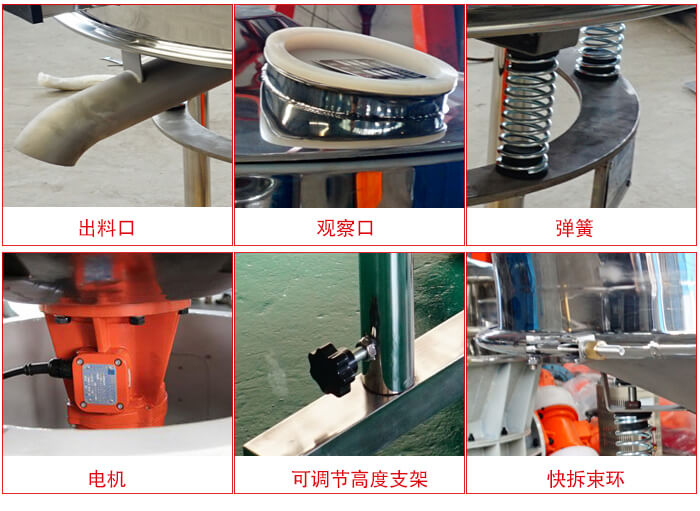 高頻篩細(xì)節(jié)展示：出料口，觀察口，彈簧，電機(jī)，可調(diào)節(jié)高度支架，快拆束環(huán)。
